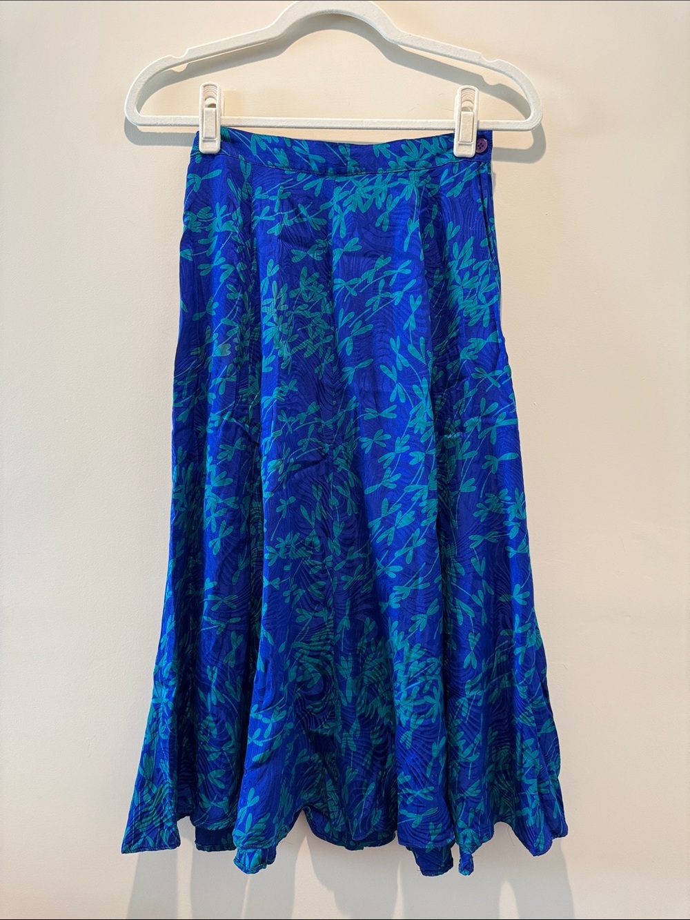 Vintage Blue & Teal A-Line 100% Silk Floral Midi Skirt